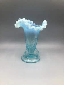 Vintage LG Wright Blue Opalescent Ruffled Glass Vase Twig Base - Picture 1 of 10