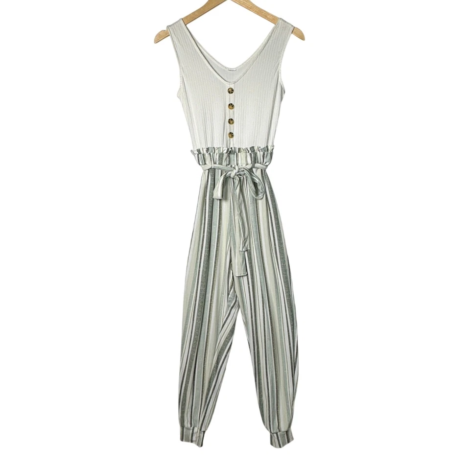 Mono de mujer pequeño a rayas sin mangas lazo cintura botón delantero informal verano Foto 1 de 4