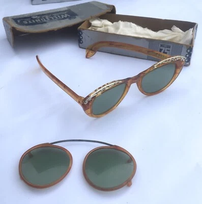 Gafas de sol retro vintage años 50 Willsonite lentes verdes tortuga ~ necesitan reparación Foto 1 de 4