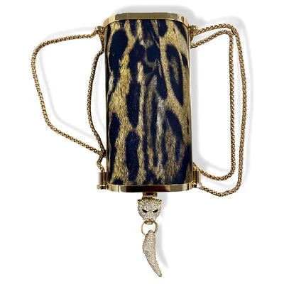 $3960 Roberto Cavalli Gold Dea Tiger-Print Chain Shoulder Clutch Crossbody Bag - Image 1 of 4