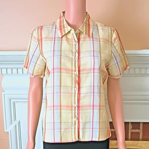 Tommy Bahama Plaid Blouse 8 Yellow & Orange Button Down Short Sleeve Top - Picture 1 of 12