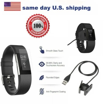 USB Charger Charging Cable & Clear Tempered Screen Glass For Fitbit Charge 2 US