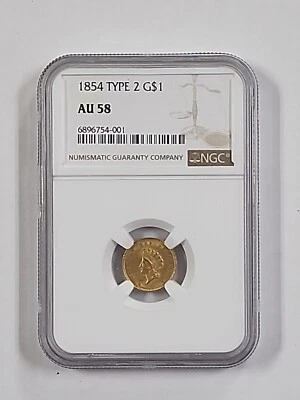 1854 NGC AU58 Gold Dollar G$1 - Type 2 - Image 1 of 2