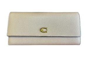 NUOVO Coach Portafoglio Beige Pelle Pieghevole Bottone Marrone Interno 8" x 4" x 1" DN - Foto 1 di 8