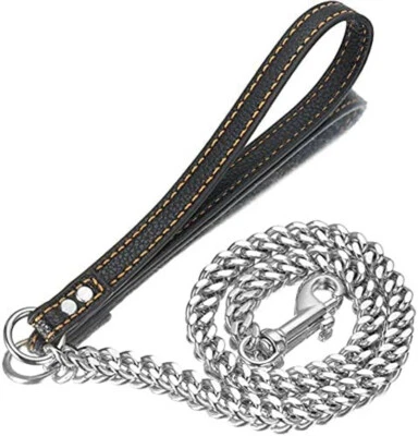 12mm Silver Dog Chain Leash Stainless Steel Cuban Link Chain with Leather Handle - Image 1 of 4
