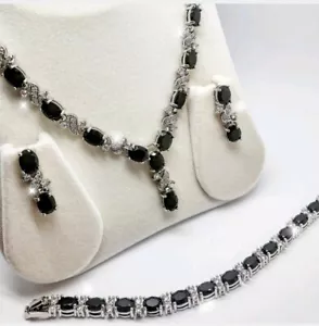 White gold finish black onyx and created diamonds Necklace earrings bracelet set - Picture 1 of 4