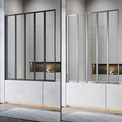 5 Folding Bath Shower Screen Black/Chrome Frame Wet Room Glass Panel 1200x1400mm - Image 1 of 4