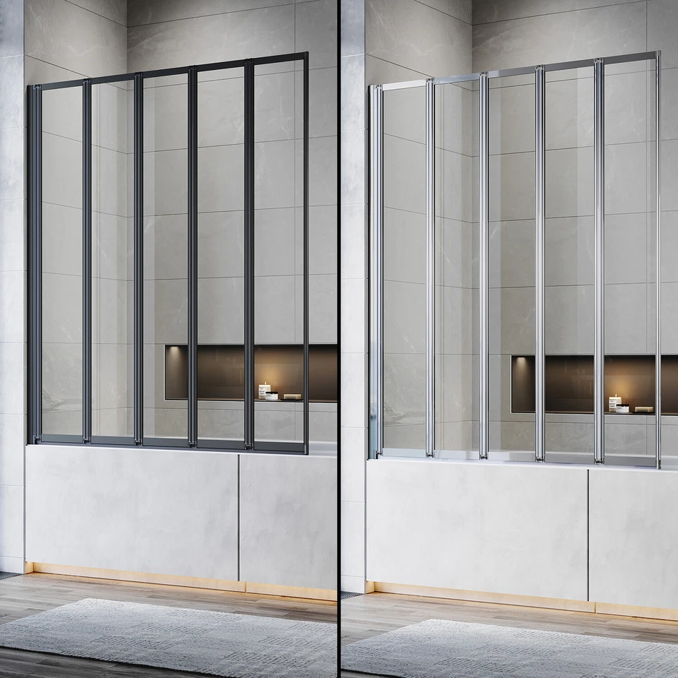 5 Folding Bath Shower Screen Black/Chrome Frame Wet Room Glass Panel 1200x1400mm - Image 1 of 4