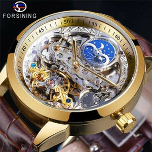 Forsining Men Tourbillon Moon Phase Watches Luxury Carved Skeleton Wristwatch - Picture 1 of 9