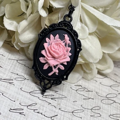Halloween Gótico Rosa Regalo Cumpleaños Novia Collar Negro Rosa Camafeo Joyería Foto 1 de 4
