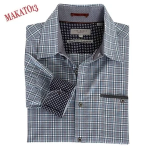 Ted Baker London Mens Size 3 Blue Plaid Long Sleeve Button Down Shirt Flip Cuff - Picture 1 of 9