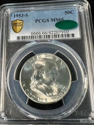 1953-S Franklin Half Dollar PCGS MS66 CAC  MS 66 BOOMING BLAST WHITE  #7910 - Image 1 of 2