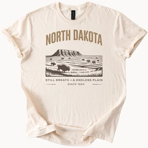 North Dakota Graphic T Shirt Bison Buffalo Prairie Landscape Badlands Nature Tee - Picture 1 of 6