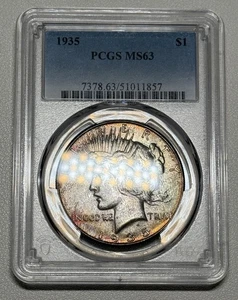 1935 Silver Peace Dollar PCGS MS63 Dual Side Toning Great Eye Appeal - Picture 1 of 2