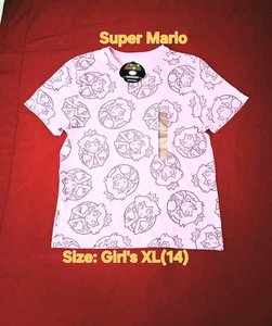T-Shirt (Mädchen XL (14) Neu mit Etikett Super Mario Prinzessin pfirsichfarben Figur lila - Bild 1 von 3
