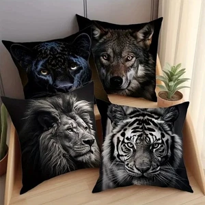Set of 4 African Animal Lion Tiger Throw Pillow Covers Leopard Wolf Cushion Case - Picture 1 of 8
