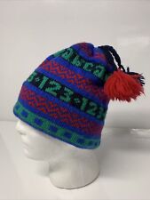 VTG ABC 123 Teacher Preschool Wool Beanie Ski Hat Blue Nordic Knit USA Made