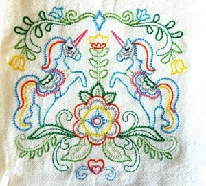 SWEDISH FOLK ART UNICORN PATTERN MACHINE EMBROIDERED FLOUR SACK DISH TOWEL - Picture 1 of 2