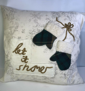 POTTERY BARN CHRISTMAS PILLOW "LET IT SNOW" 20" SQUARE MITTENS Embroidery