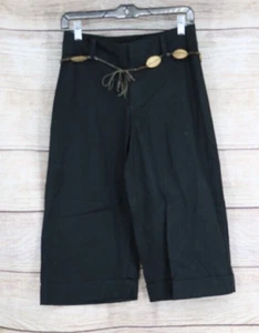 VINTAGE Y2K Lee Womens Sz 6 Wide Leg Linen Cropped Capri Pants Beaded Belt Black - Picture 1 of 7