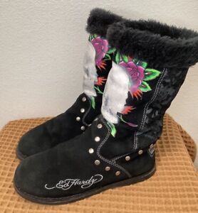 Ed Hardy Women’s Skull Boots Tattoo Roses Sz 10 Suede Leather Black Lined Y2K
