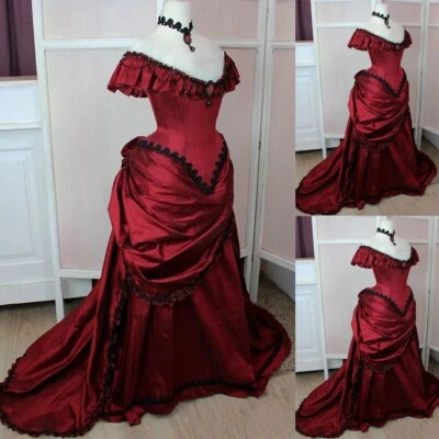 Classic Red Victorian Wedding Dress Silk Satin Vintage Lace Applique Bridal Gown - Image 1 of 4