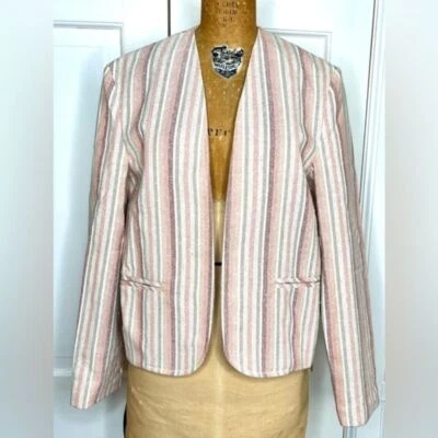 Blazer Chaqueta Corta Jantzen Vintage Mezcla Seda Frente Abierto Rosa Tostado Rayas 12 Foto 1 de 4