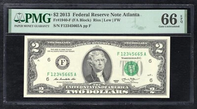FR. 1940-F 2013 $2 FRN “LADDER S/N F12345665A” PMG GEM UNCIRCULATED-66EPQ - Image 1 of 2