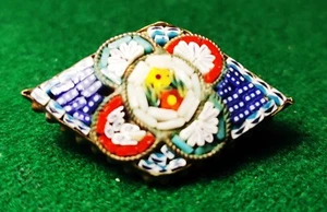 1940 Vintage MICRO MOSAIC Pin Brooch Marked Italy 1 1/4" x 3/4" colorful flower - Picture 1 of 3