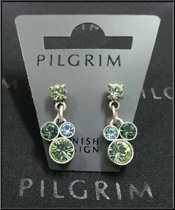NEW PILGRIM SILVER EARRINGS GREEN CRYSTALS GEO COLLECTION VINTAGE DROP DANGLE ..
