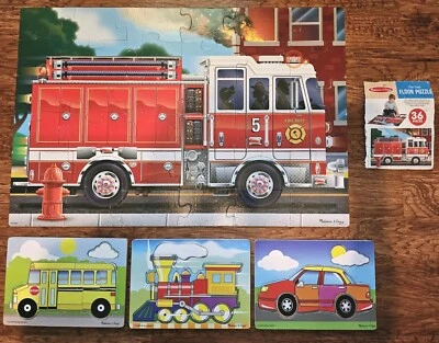 Melissa and Doug Puzzles Lot Of 4, XL Firetruck Cardboard + 3 Wooden Chunky READ - Image 1 of 4