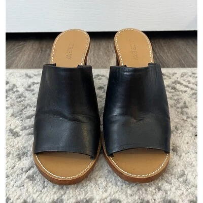 J.Crew Cuero Mulas Tacón Bloque Punta Abierta Deslizables Negro Talla 8 Foto 1 de 4
