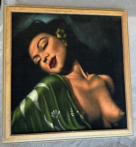 Vtg Original Oil Velvet Felt Painting Signed Nude Polynesian Hawaiian Woman
