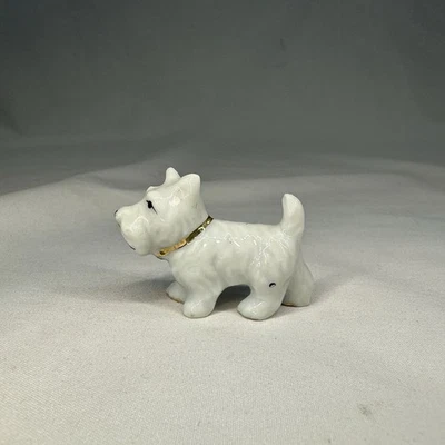 Винтажная миниатюрная собака мини-терьер щенок из костяного фарфора Scottie белая с ручной росписью - Изображение 1 из 4