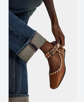 Free People Sz 7.5 Crochet Mystic Mary Jane Flats, Brown Shoes Strap Buckle NEW - Image 1 of 4