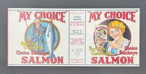 Etiqueta de salmón vintage My Choice Sockeye Columbia Británica Canadá años 50 4x10 - Imagen 1 de 3