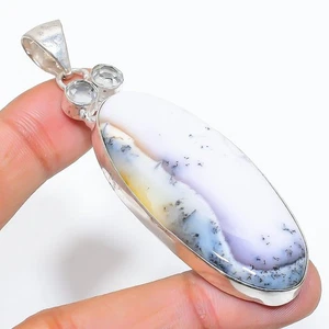 Dendrite Opal, White Topaz 925 Sterling Silver Jewelry Pendant 2.99" d842 - Picture 1 of 2