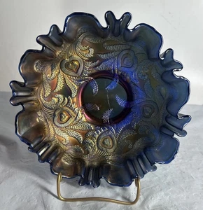 Cobalt Blue Fenton Carnival Glass Heart & Vine Bowl Crimped Edge 8” Wide - Picture 1 of 11
