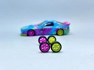 R459 Hotwheels 1/64 Real riders TE37 Purple Green 8mm Long/Extra Long Wheels - Picture 1 of 6