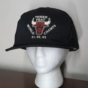 Vintage Chicago Bulls Three Peat World Champions Snapback Hat 90s Vtg NBA - Picture 1 of 6