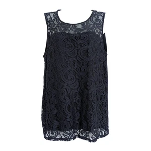 Adrianna Papell Womens M Navy Blue Lace Overlay Stretch Sleeveless Tank Blouse - Picture 1 of 9