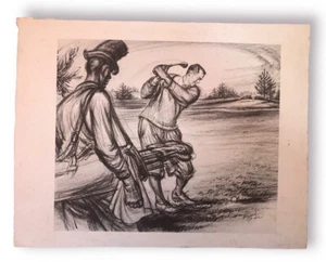 Howard Brodie Lithography Print Golfer And Caddy Rare - Picture 1 of 7