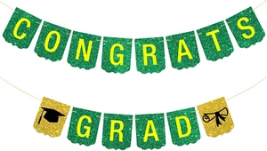Congrats Grad Banner High School College Graduation Party Decoration Green Gold - Picture 1 of 7