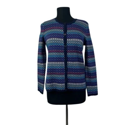 Appleseeds Petites Sweater Button Front Blue Purple Checked MP - Image 1 of 4