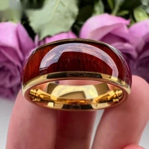 8MM Men Women Tungsten Ring Band Red Wood Inlay Dome Polished Comfort fit - Picture 1 of 13
