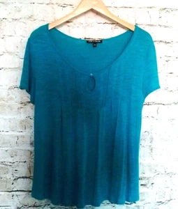 Cable & Gauge Womens Top Size M Green Semi Sheer Short Sleeve Keyhole Plunge  - Picture 1 of 11