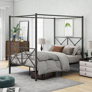 Full Size Canopy Bed Frame Slatted with Headboard Footboard Metal X Shaped Frame - Picture 1 of 8