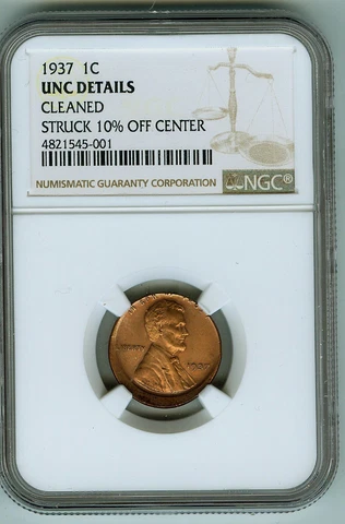 1937 1 cent struck 10% off center red NGC uncirculated cleaned Cover