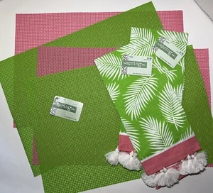 Tropical PLACEMATS (4), TOWELS (2) lime green hot pink palm leaves waffle weave - Picture 1 of 12