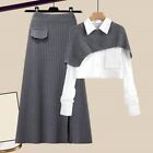 3Pcs Womens Loose Knitted Shawl Cape Poncho Long Sleeves Shirt High Waist Skirt